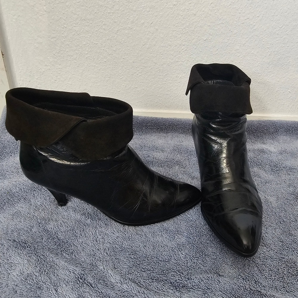 Guy Laroche Paris Black Leather Suede Cuff Kitten Heel Ankle Boots Size 32.5